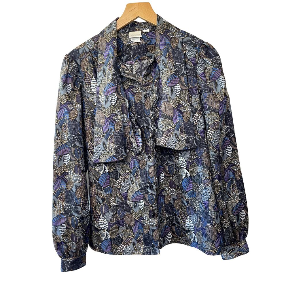 VTG Pykettes Grandmacore Leaf Floral Print Ribbon Neckline Button Up Top Size 12